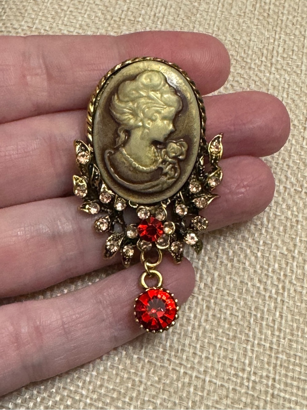 Elegant Gold and Red Cameo Brooch